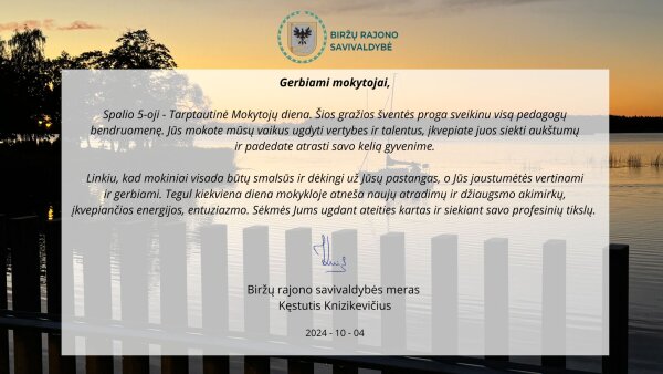 Mero sveikinimas Tarptautinės mokytojų dienos proga